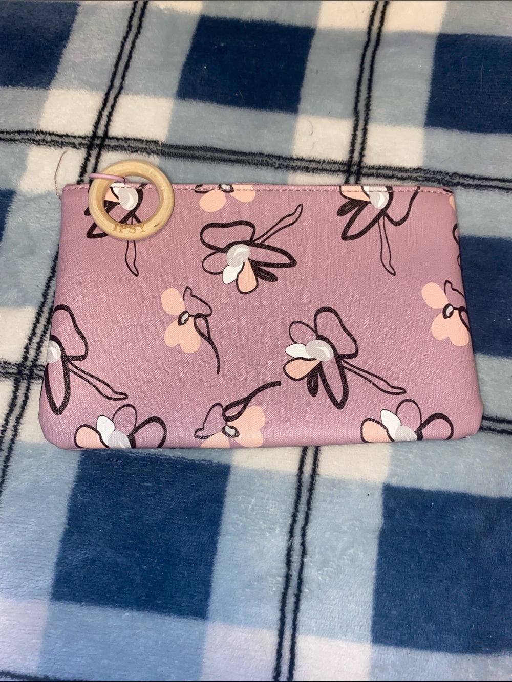 ipsy Pink Floral Wristlet with Wood Ring Accent